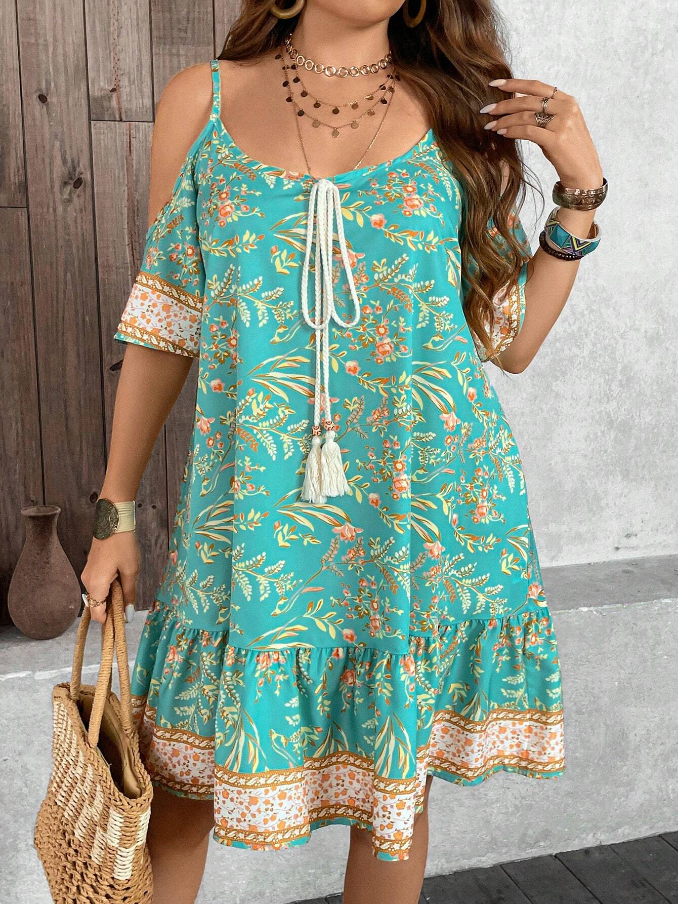 Elegance Floral – Plus Size Ombro Caído com Amarração BelleBoo©