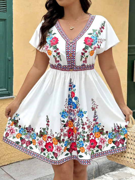Boho Serena – Vestido Plus Size Decote V Floral de Verão BelleBoo©